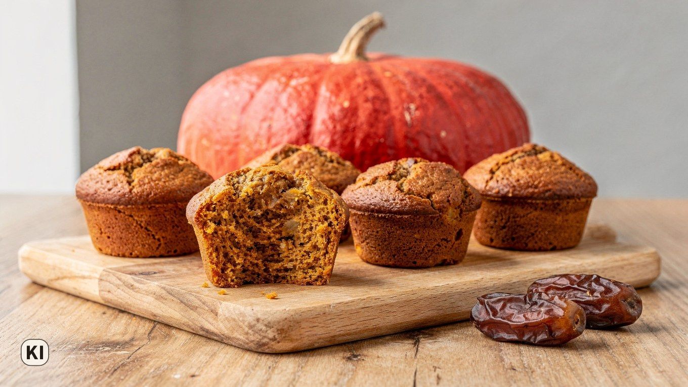 KI-Bild: Sechs Kürbismuffins auf einem Holzbrett, einer aufgebrochen, dahinter ein roter Hokkaido, daneben ganze Datteln