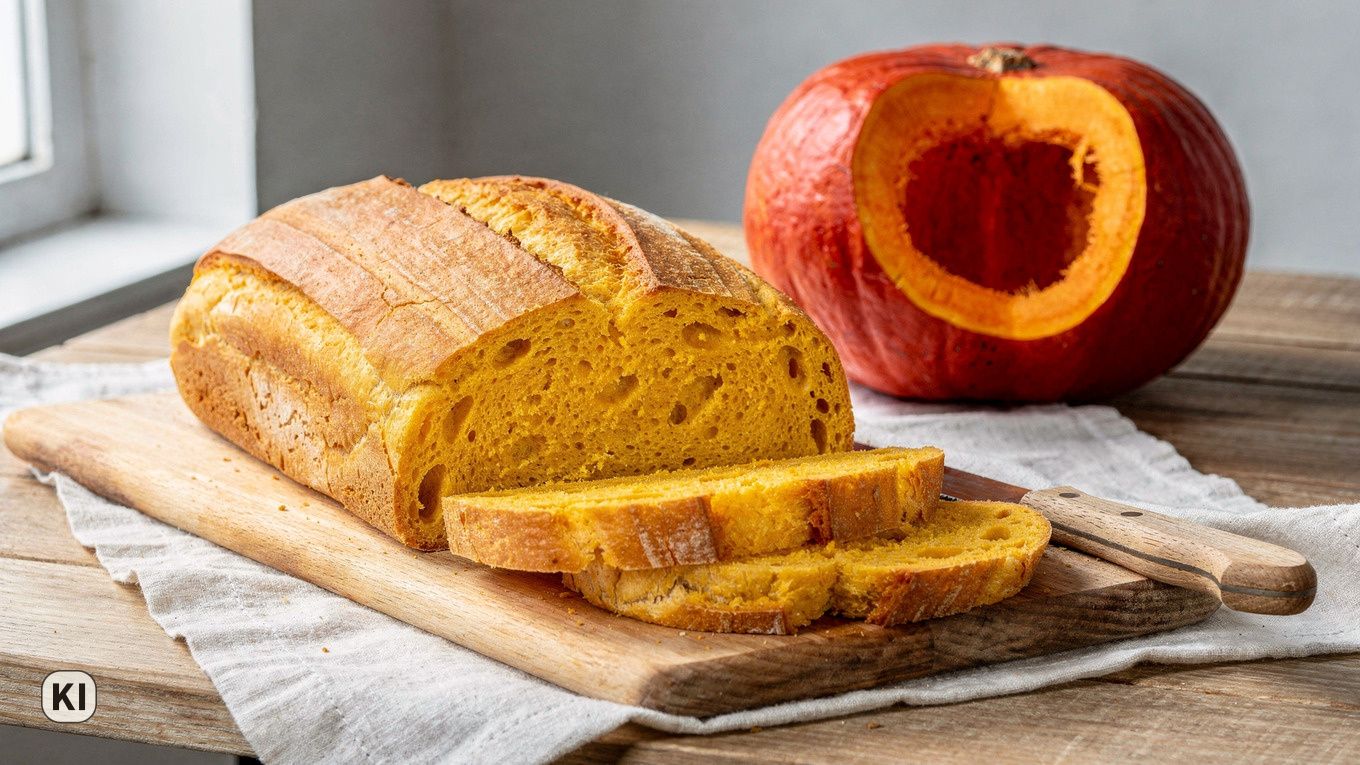 KI-Bild: Kürbisbrot, am Ende angeschnitten, die Schnittfläche gleichmäßig orange, zwei Scheiben davor auf dem Holzbrett, dahinter ein Hokkaido