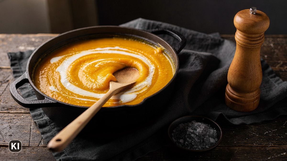 Ein Schwung Sahne wird mit einem Holzlöffel in die Suppe gerührt, daneben Pfeffermühle und grobes Salz