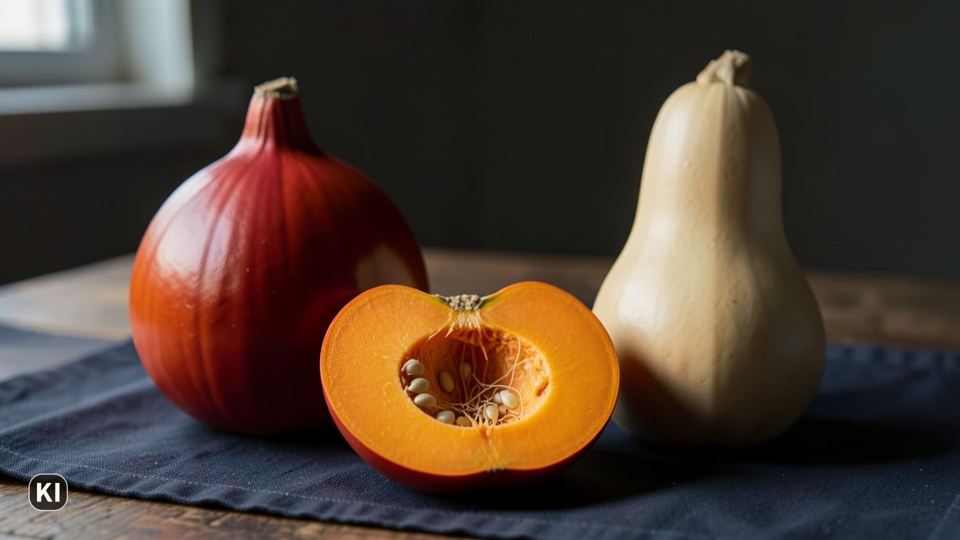KI-Bild: Ein roter Hokkaido, ein halbierter Hokkaido mit Kernen und ein Butternut-Kürbis auf einem dunklen Leinentuch