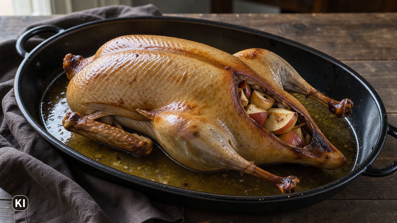 KI-Bild: Gebratene Gans mit goldbrauner Haut in einem dunklen Bräter, die Öffnung gefüllt mit Apfelstücken, dazu Bratensaft