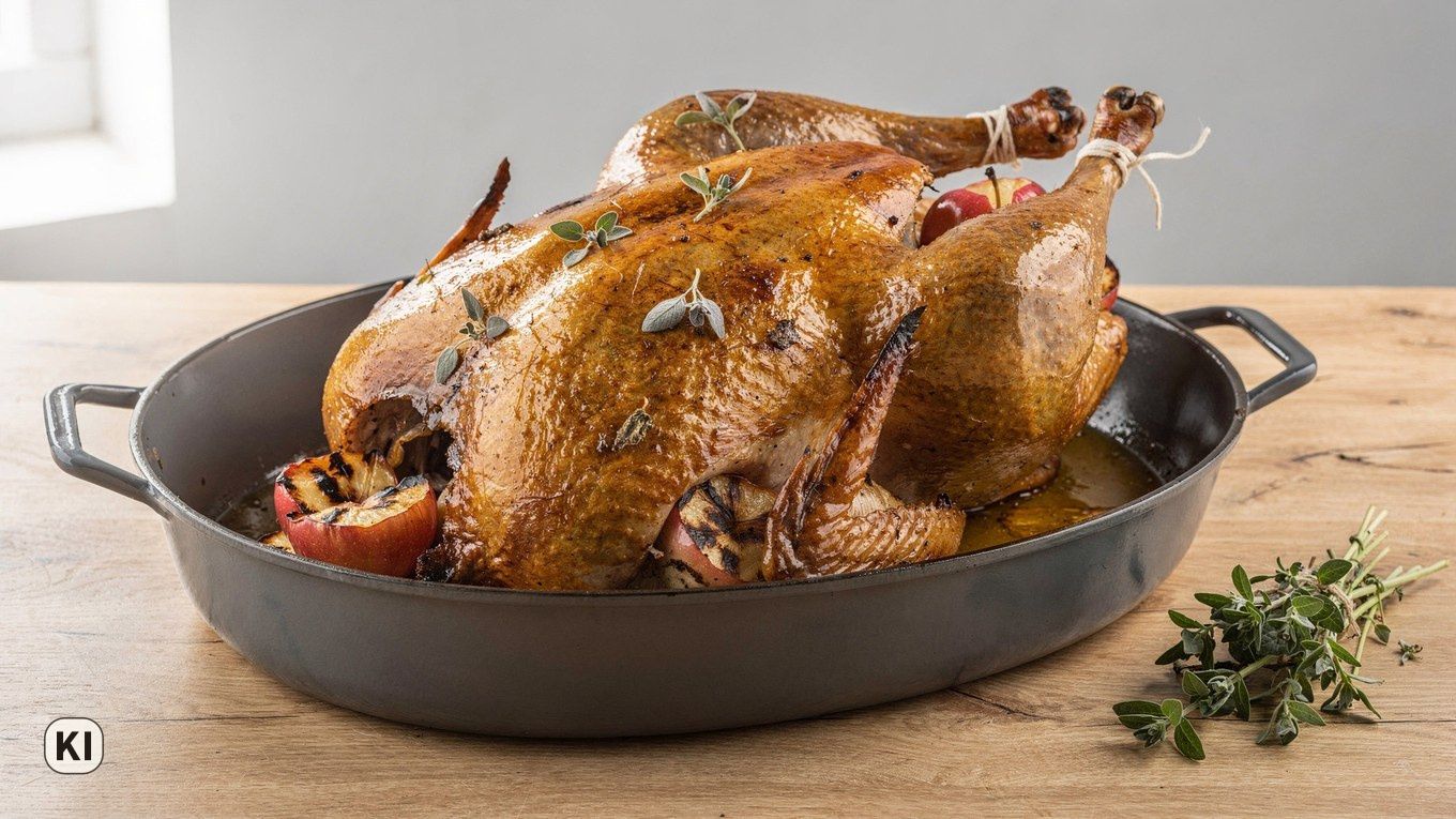 KI-Bild: Gebratene Gans mit goldbrauner Haut in einem grauen Bräter, die Öffnung gefüllt mit Apfelhälften und Zwiebel, daneben ein Majoranstrauß