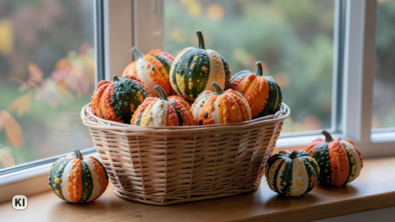 KI-Bild: Kleine Zierkürbisse mit grün-orange-weiß gemusterter, warziger Schale in einem Weidenkorb und auf einer Fensterbank